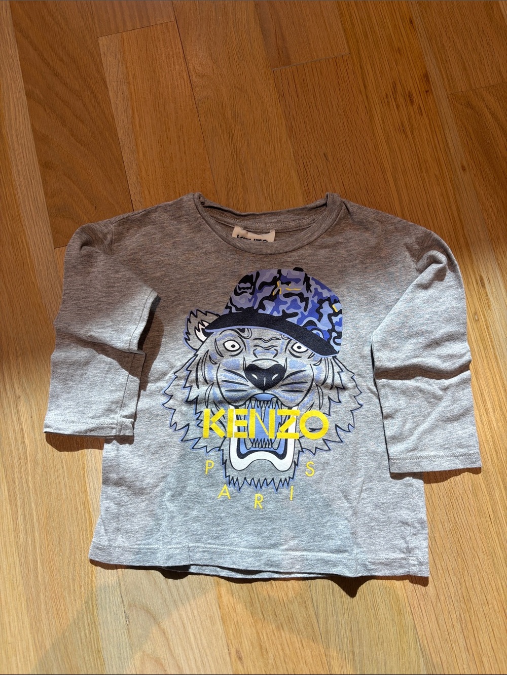 Kenzo Grey Long-Sleeve Tee with Tiger Graphic and Yellow Logo